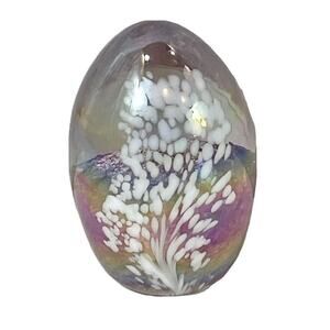 Glass Eye Studio GES Paperweight Iridescent Egg Shaped Pink White Signed Dated
